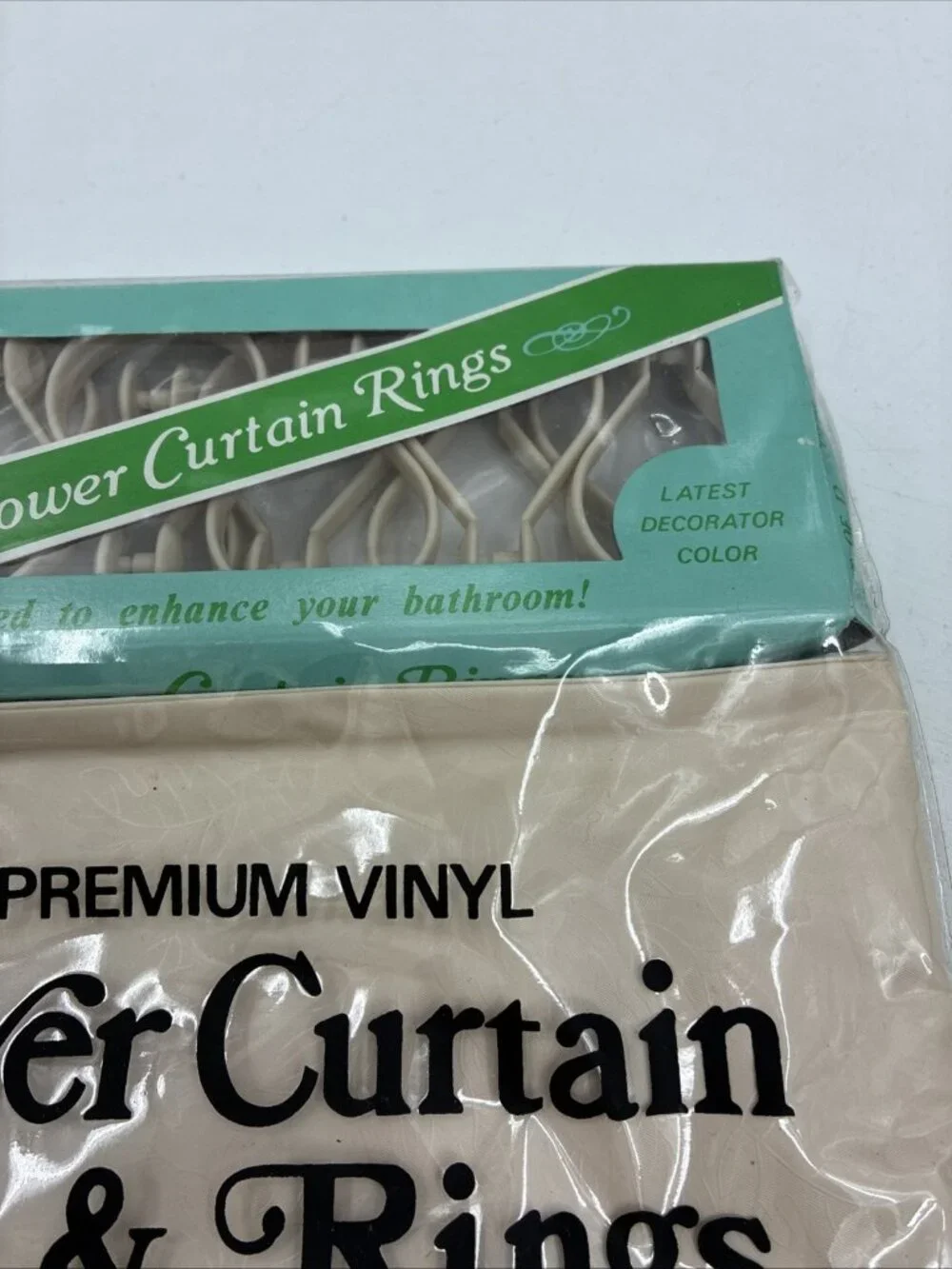Vintage Shower Curtain Rings Set 72x72 Vinyl Beige Retro New 1970s 1980s Prop